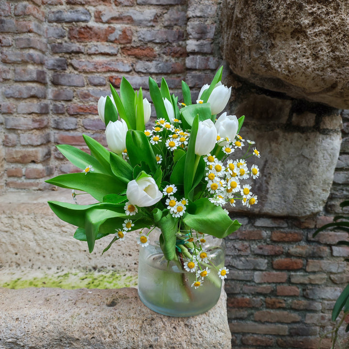 Ramo de Tulipanes Blancos con Tanacetum